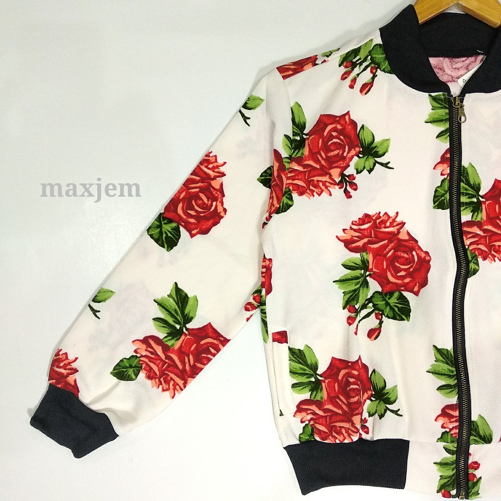 Jaket Bomber bunga XL-XXL wanita jumbo besar bhn Crepe kaos Putih maxjem