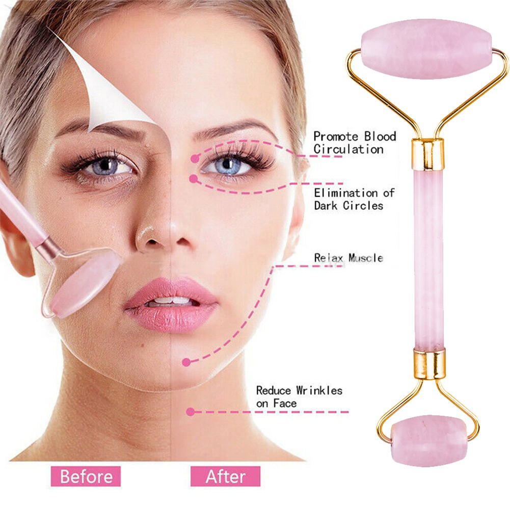 Double Head Natural Pink Crystal Jade Massage Roller V Shaped Facial Guasha Face Beauty Tool Set