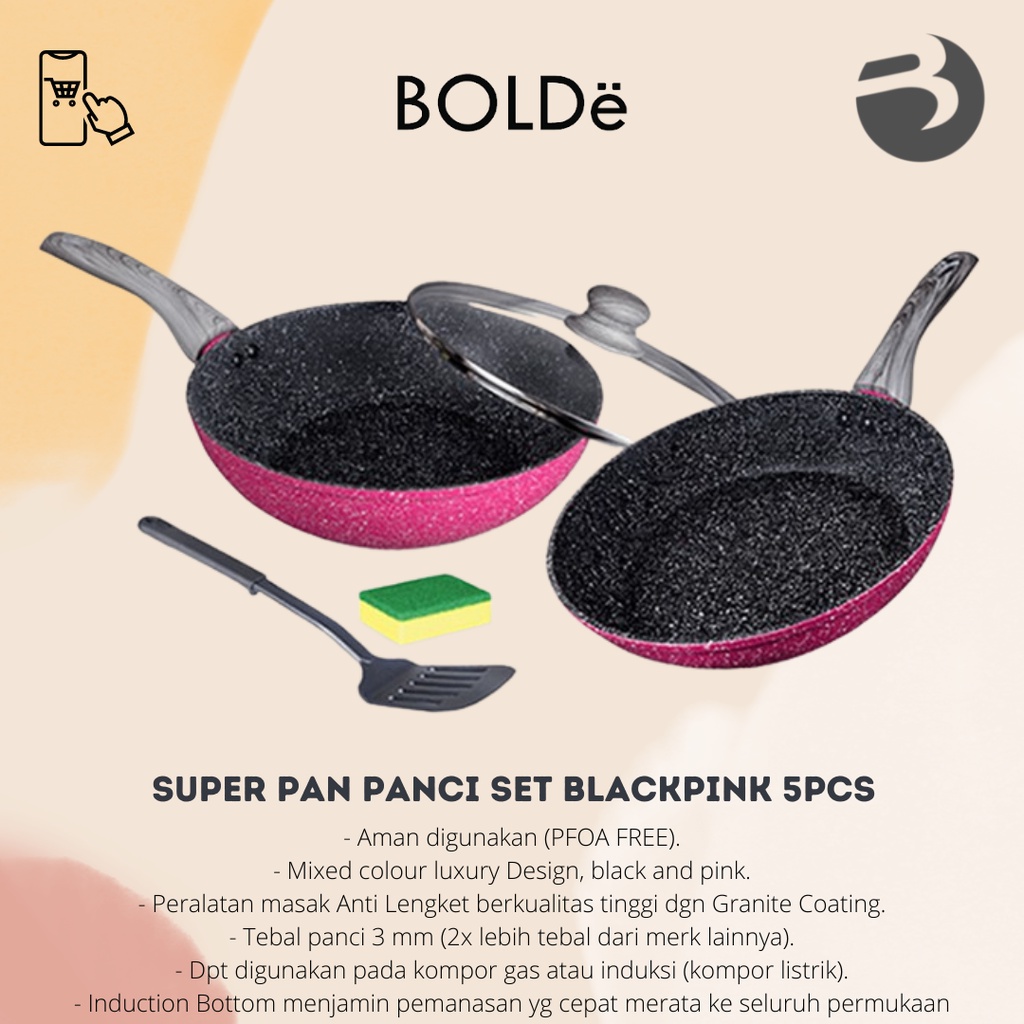 BOLDE Super Pan Panci Set BLACKPINK lapis Granite Coating 5pcs