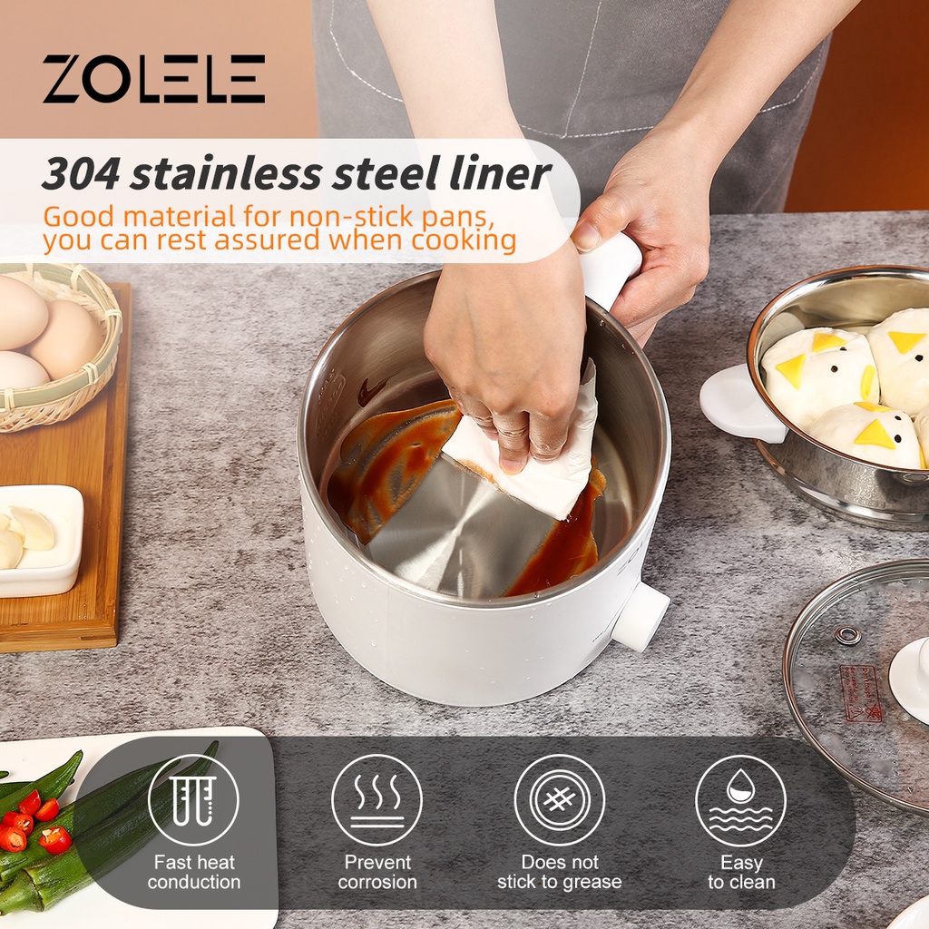 ZOLELE Panci Listrik Serbaguna 2-Layer 1.6L Elektrik Pressure Cooker Low Watt Steamer 4 in 1 Food Frypan Hotpot with Gagang Anti Melepuh Portable Non-stick Peralatan Dapur Home Kitchen ZC301