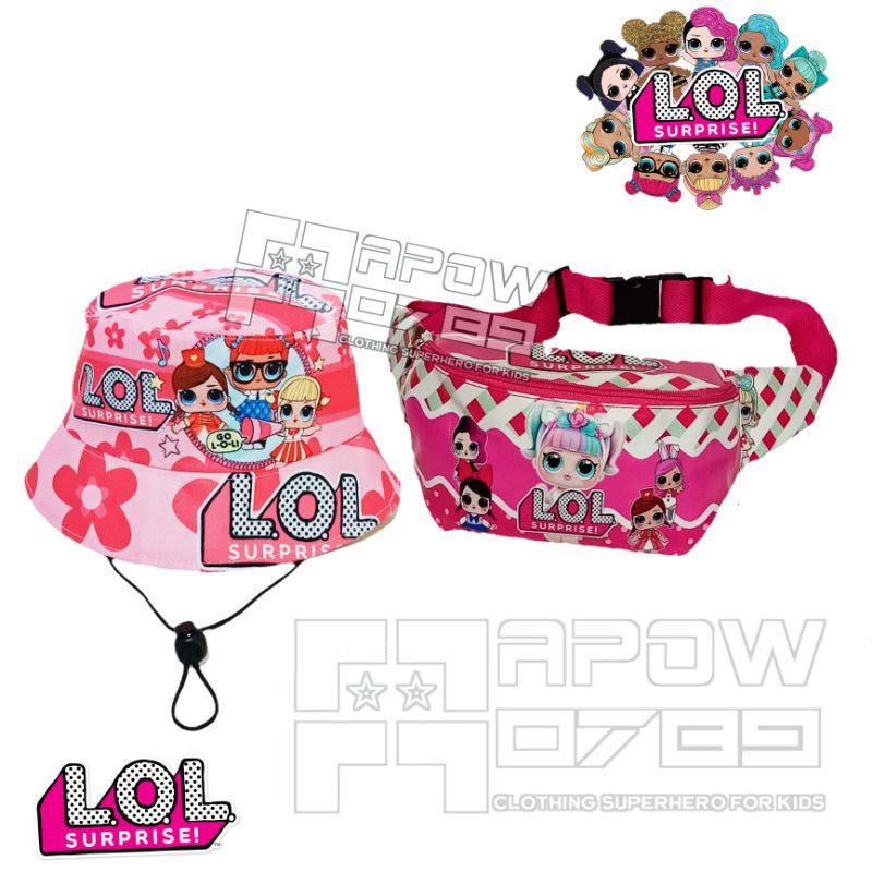 2in1 LOL tas slempang anak perempuan dan topi bucket topi LED bisa nyala waistbag anak perempuan