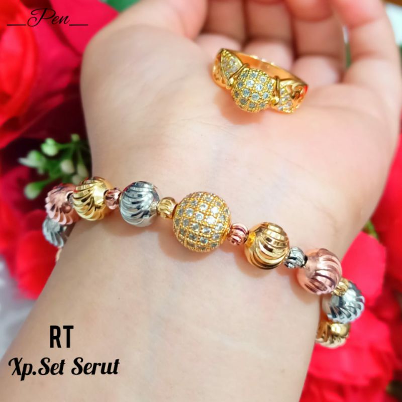 Gelang free cincin,Serut 3D(kombinasi) plat bulat permata zircon tidak karat *COD*