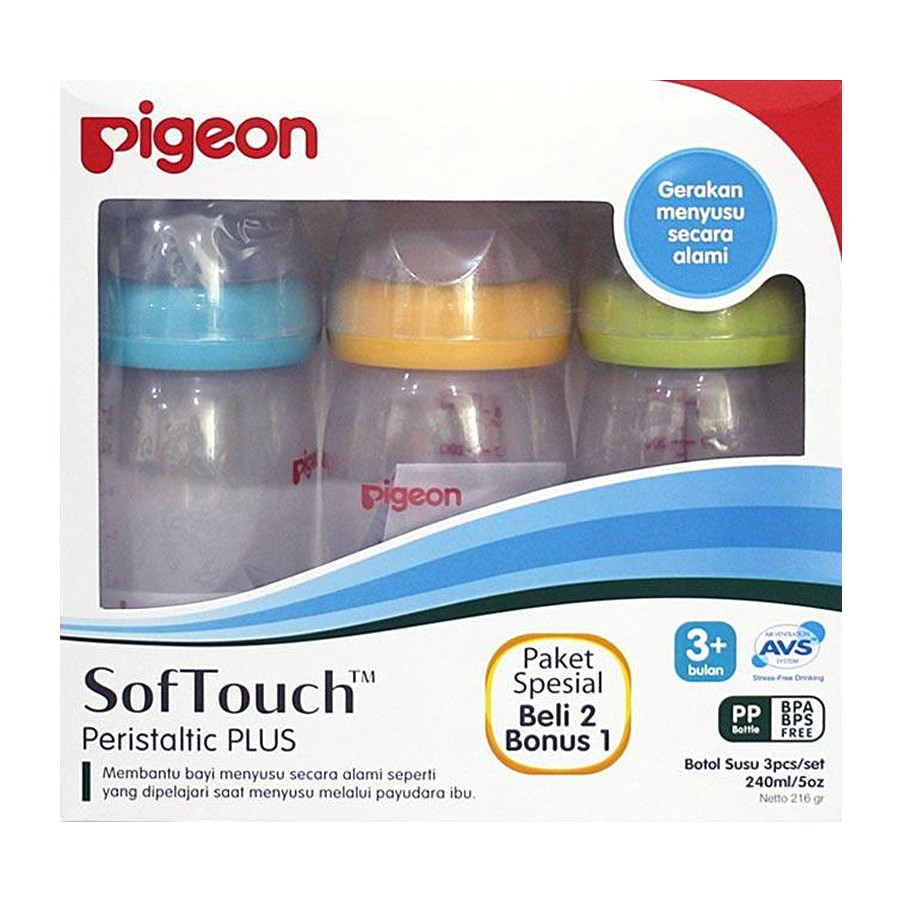 Pigeon SofTouch Peristaltic Plus PP Wide Neck Bottle Set Biru Oranye Hijau 3 Pcs 3+ Bulan Botol Susu 240ml