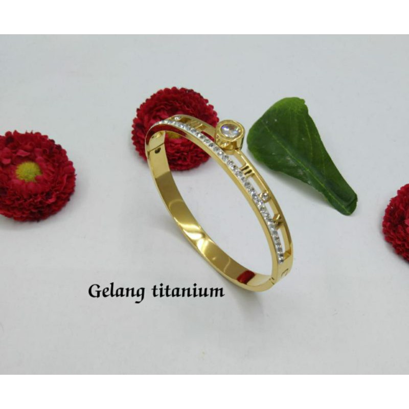 Fourfashion Gelang Titanium Bangle Dewasa Romawi Batu Permata Tengah Kekinian S093