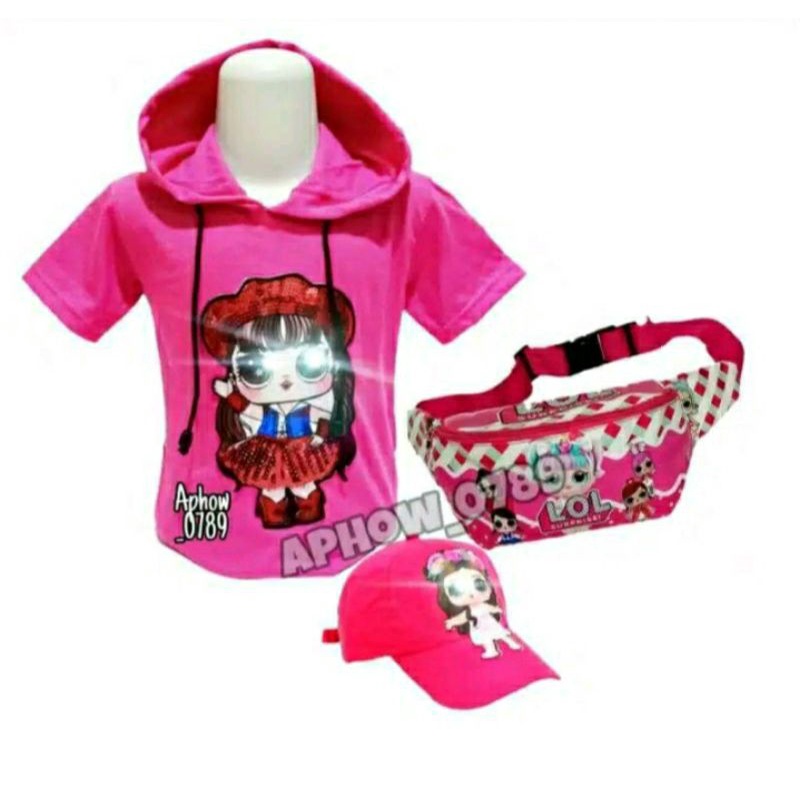 Paket 3IN1 Hoodie paket hemat Murah anak  karakter LOL waistbag dan topi LED(nyala)