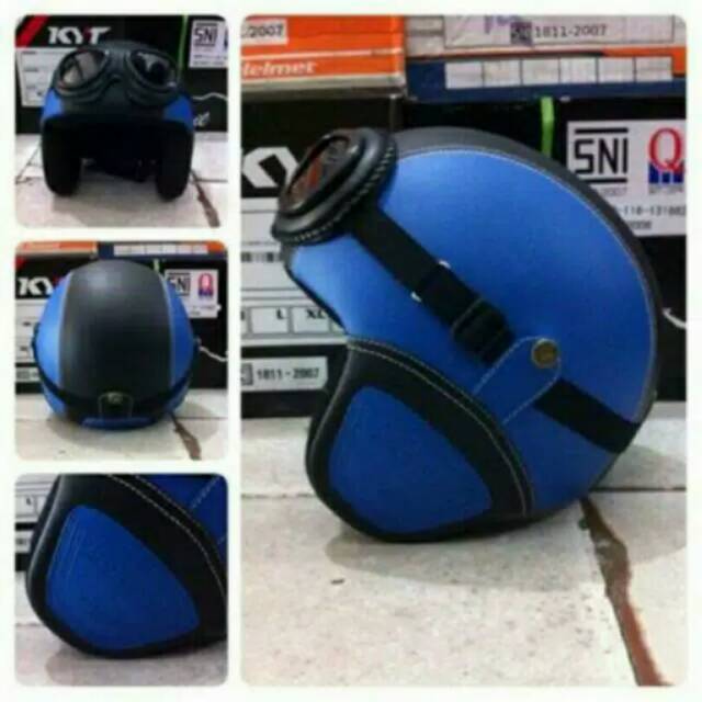 Helm Retro Bogo Kulit Biru Hitam