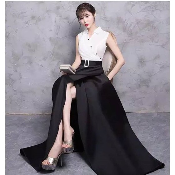Gaun Hitam Putih / satin dress  dengan  model  simple  pesta  simple  dress
