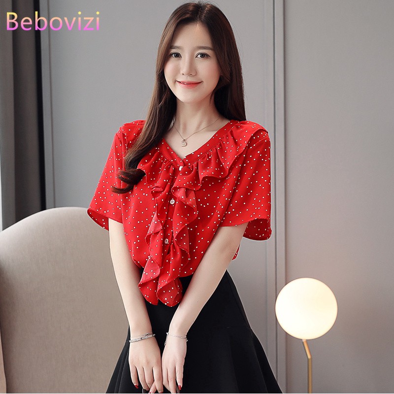 model terbaru blouse V-Neck Slim Elegan Motif Polkadot Bahan Sifon  Wanita