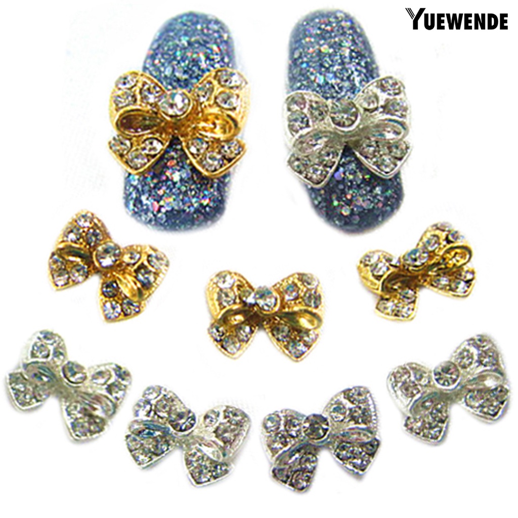 [Yue] 10Pcs Nail Sticker Bow Shape Cubic Zirconia Inlaid Alloy Women Shiny Nail Tips Jewelry for Natural Nail