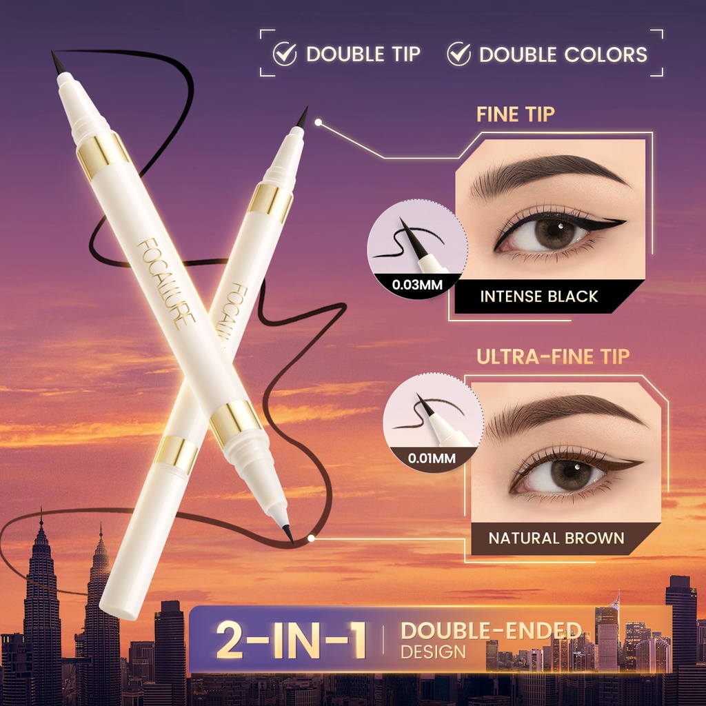 FOCALLURE Double head 2-in-1 Waterproof Liquid Eyeliner Fine Tip Quick Dry Waterproof Long-last 2 Shades Black Brown 2 IN 1