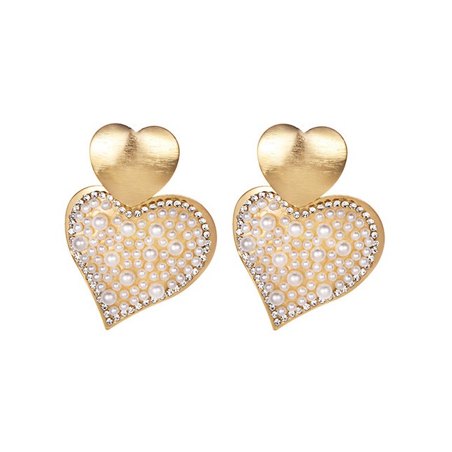 LRC Anting Tusuk Fashion Pearl Alloy Diamond Heart Earrings F7998X