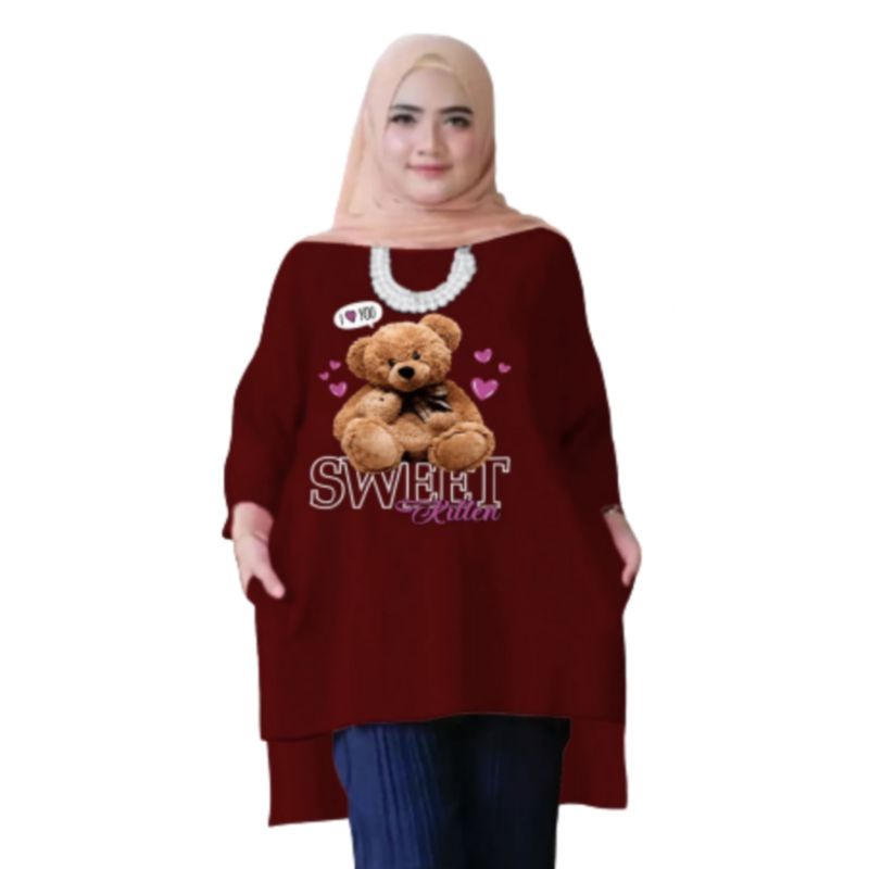 Tunik Wanita Oversize XXL LD 130 Cm Tangan 3/4 Bahan Kaos Babyterry . Baju Wanita Jumbo Atasan Tunik Dewasa Big Size Terbaru 2023 Kekinian Viral Murah Sweet Kitten