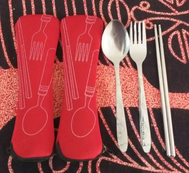 Sendok Set Travel 3 In 1 Stainless + Pouch All In One Garpu Sumpit