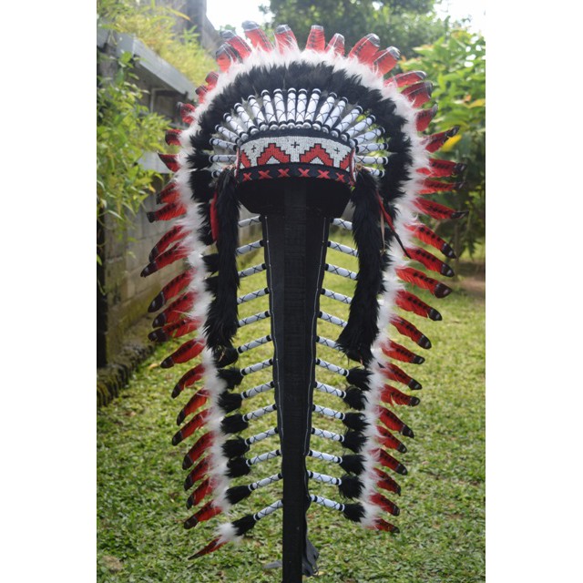 TOPI INDIAN - INDIAN HEADDRESS MEDIUM ANGSA MONTE MERAH PUTIH TUTUL TUTUL FUR HITAM