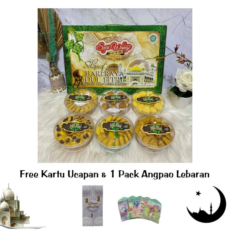 

LJK SHOP - PROMO KUE LEBARAN SARI WANGI BUTTER COOKIES ISI 6 TOPLES MURAH FREE KARTU UCAPAN & 1 PACK ANGPAO LEBARAN