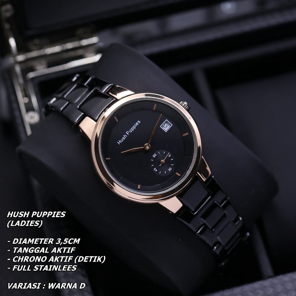 (BISA COD) JAM TANGAN WANITA HUSH PUPPIES H-099 RANTAI BODY BULAT TANGGAL &amp; CHRONO AKTIF
