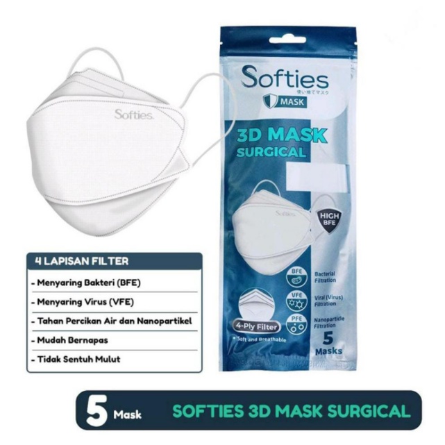 TERMURAH MASKER SOFTIES 3D SURGICAL 4 PLY (KF94) 1 Sachet isi 5 PC ORIGINAL