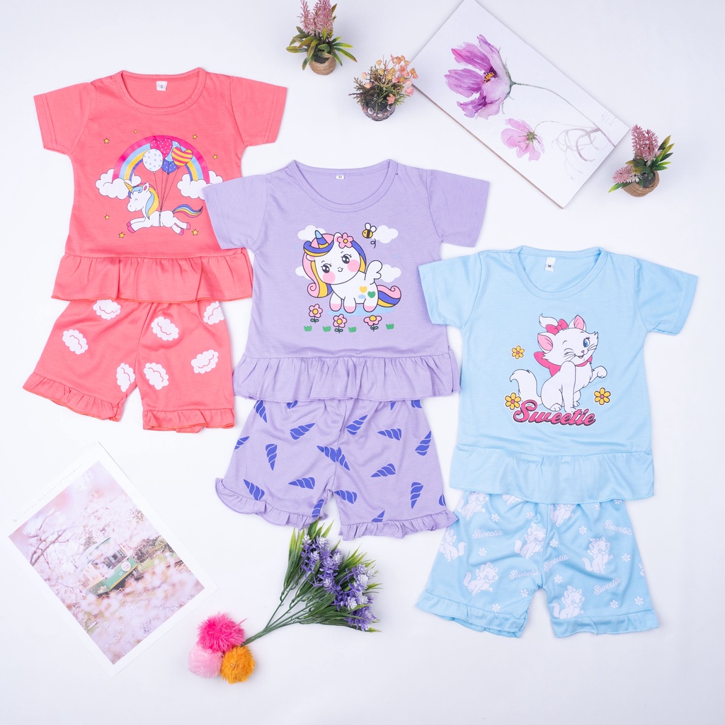 IL - Setelan Ruffle Set Karakter / Setelan Anak Perempuan Gambar Karakter Kartun