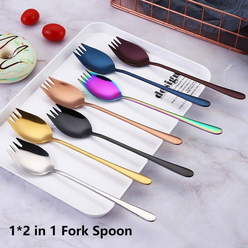 Sendok Garpu Salad 2 In 1 Gagang Panjang Bahan Stainless Steel Untuk Peralatan Makan Dapur