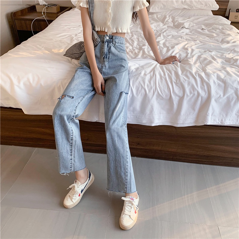 Celana Jeans Wanita Ripped Jeans Sobek Korean Highwaist Straight Jeans