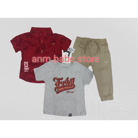setelan ecko merah anak laki laki  3in1 setelan import anak set kemeja + kaos+ celana 2-12t