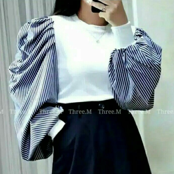 Jeje Blouse rajut atasan wanita lengan balon import/ Baju blouse rajut stripe import kekinian cewek