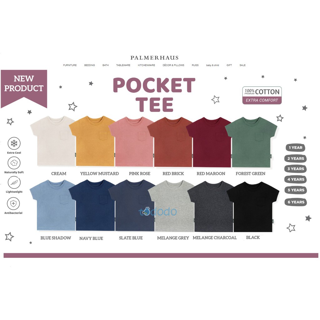 Baju Bayi Kaos Oblong Atasan Anak Palmerhaus Pocket Tee Mix Warna 1-3 Tahun