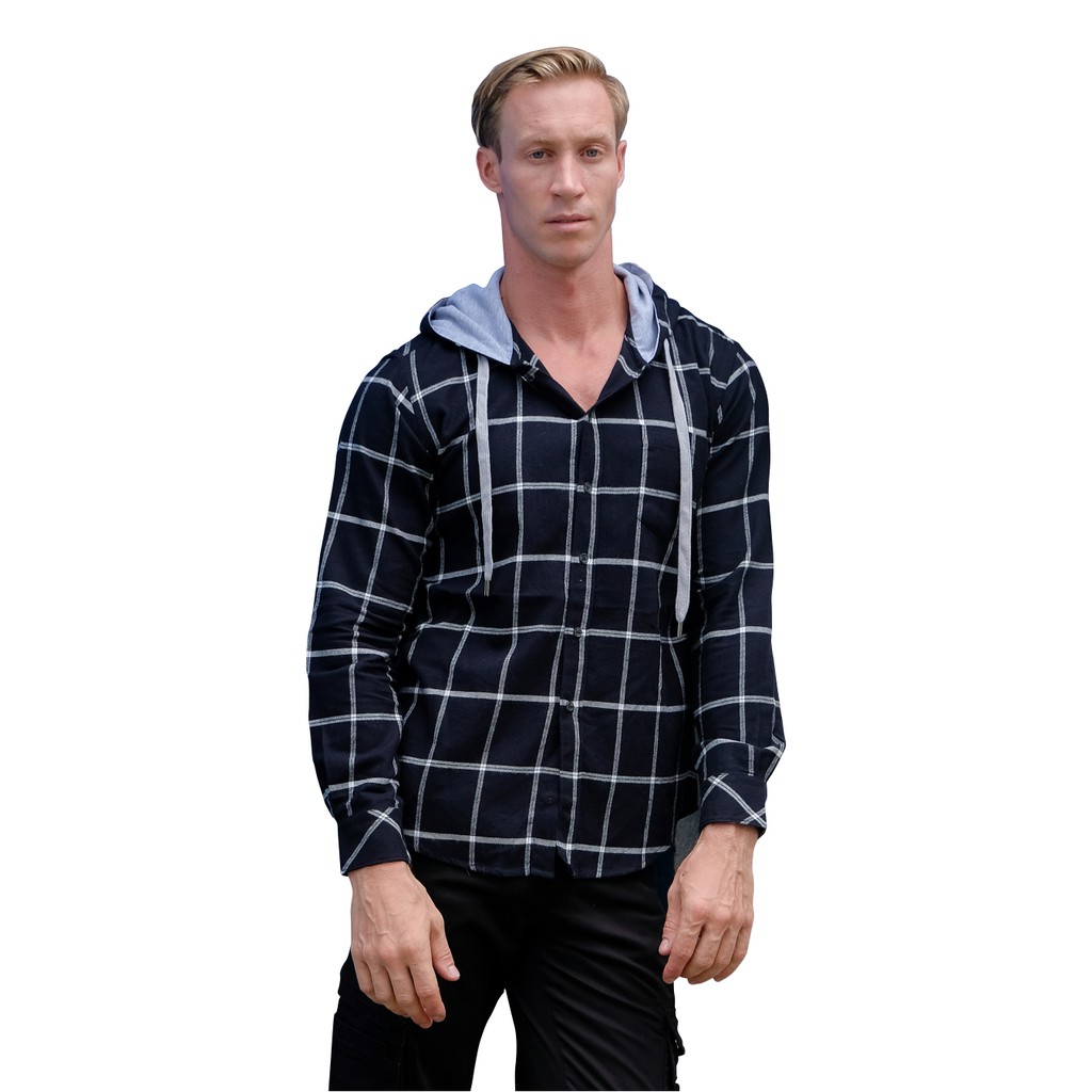 SCOTHCO Kemeja Pria Lengan Panjang Fergie Flanel Hoodie Shirt Hitam Garis Putih 17374-12238