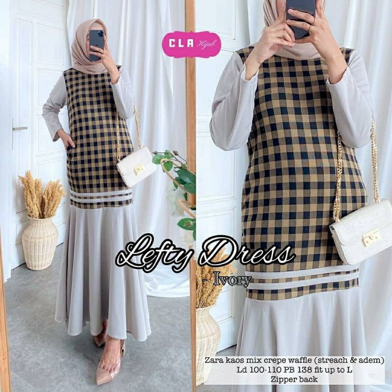 Lefty Dress, GAMIS CANTIK MOTIF KOTAK KOTAK BAHAN KAOS ZARA MIX CREPE WAFFLE IMPORT LD 100-110 OOTD