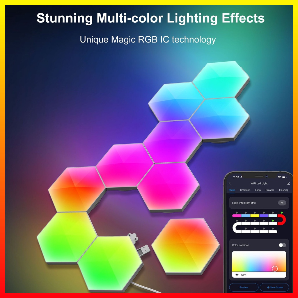 LED RGB App Control 6 PCS Lampu Dekorasi Hexagonal Sarang Lebah Dinding Quantum Light Kontrol Suara Yabstrip - 7CLL2DWH