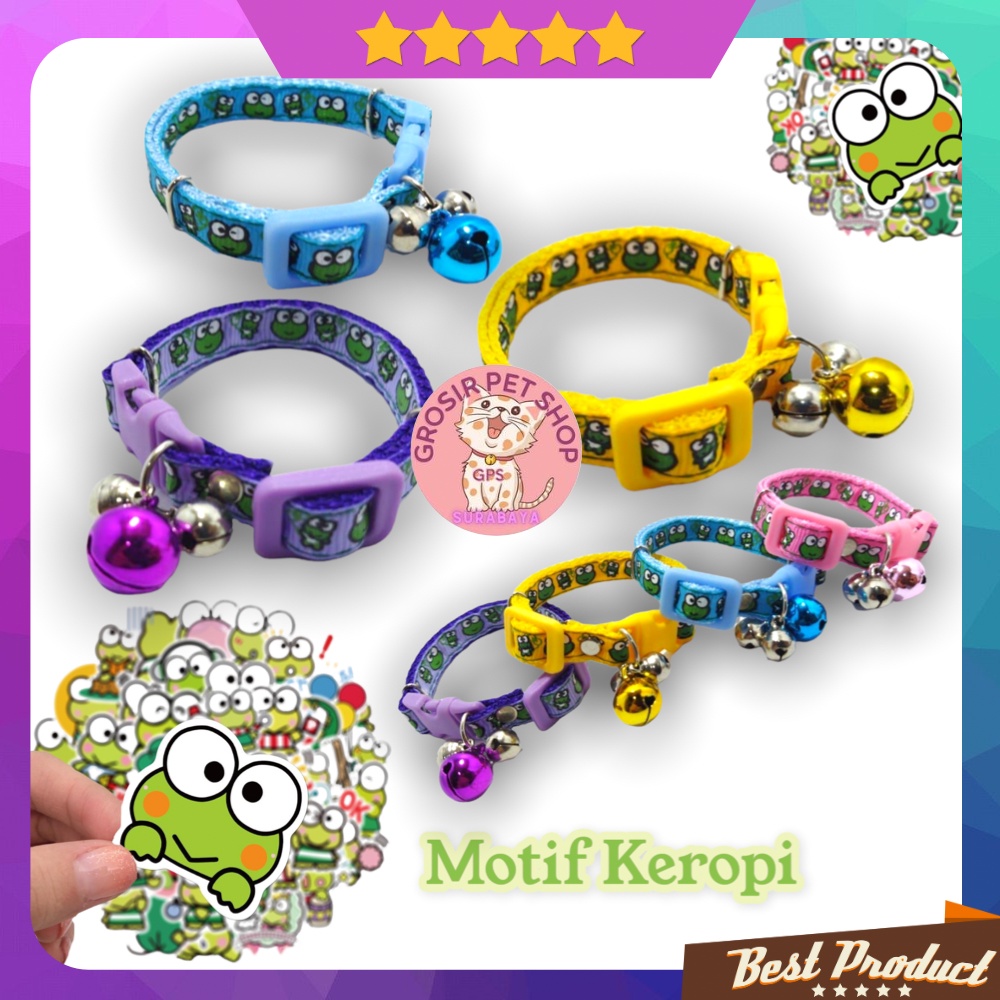 Kalung Kucing Anjing Motif Keropi keroppi / Cat Collar kalung kucing lucu Lonceng Isi 3 Buah / Kalung Kucing Tali Harness &amp; Brangus