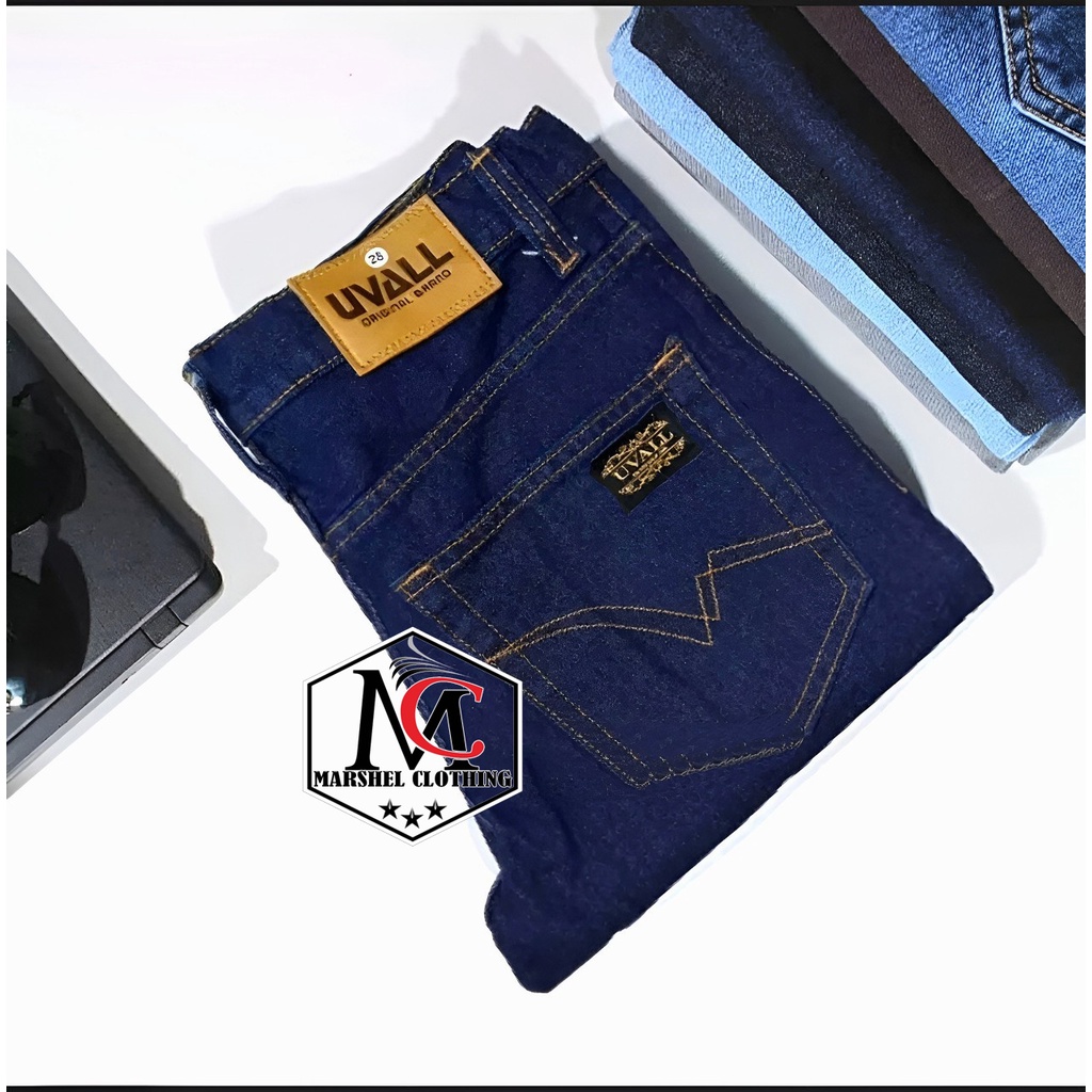 RCL - Celana Jeans Uvall Model Standar Regular Uval Pria Coklat Cream Biru Navy Hitam Biowash Bioblitz Blueblack Biru Muda Brown Dark blue (28-38) Terlaris