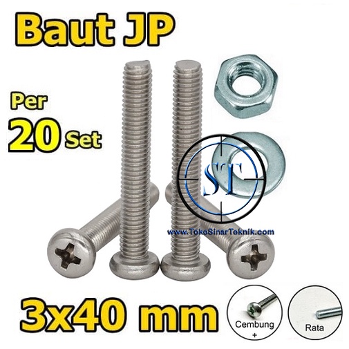 x20 Set Baut Mur Ring M3 x 40mm JP M3x40mm M3 3mm 3x40mm 3 x 40 3 x 40mm Ukuran Panjang 40mm Kepala Cembung isi 20 Set