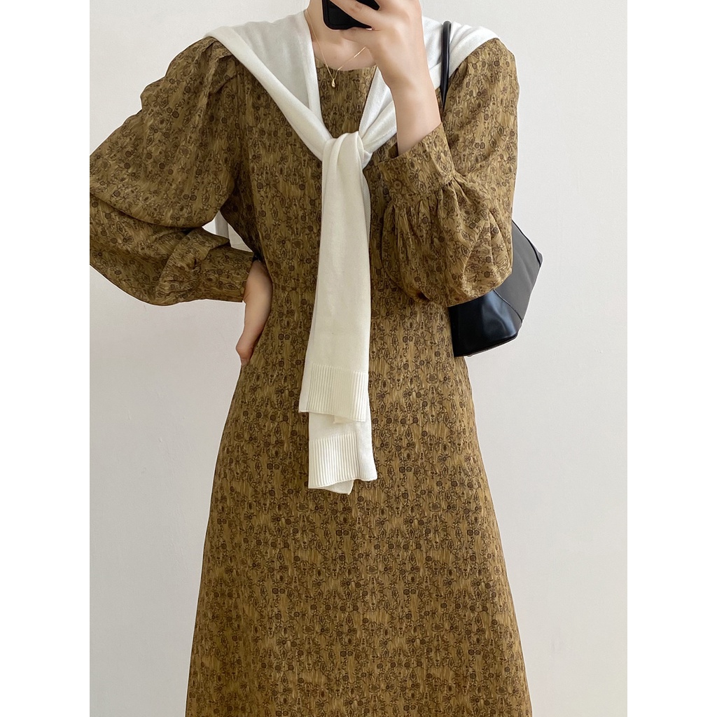 AIMEI Gaun bunga panjang pinggang panjang Prancis lengan panjang wanita Korea retro