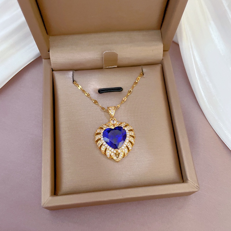 Kalung Rantai Lapis Emas 18K Dengan Liontin Hati Sapphire Mewah Untuk Wanita