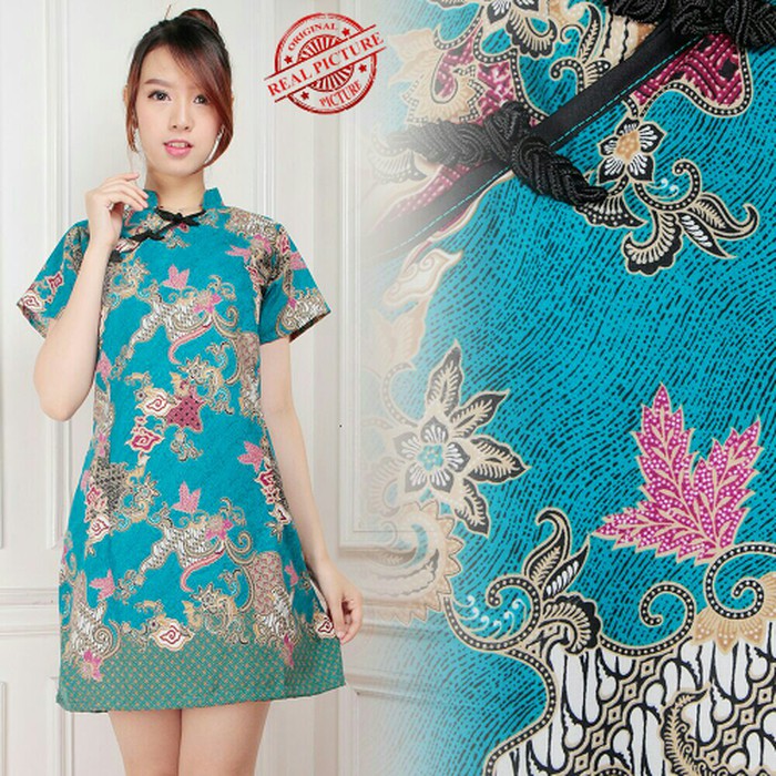 BAJU ATASAN DRES WANITA  Dress Cheongsam Batik Silk AMEY - Hijau Tosca