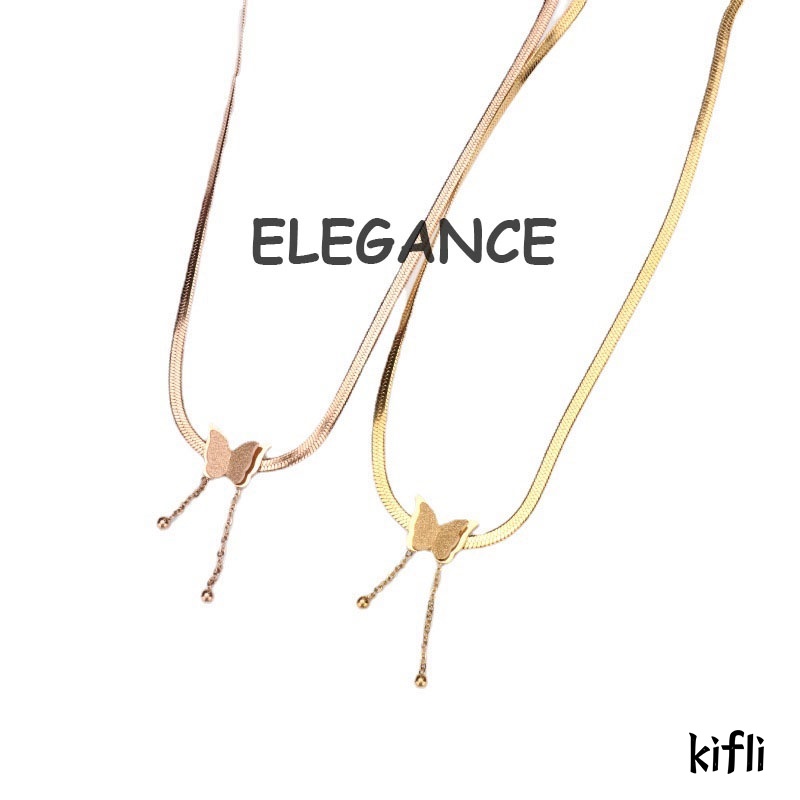 18K,Kalung Titanium Anti Karat,Kupu Rumbai Rantai Tulang Ular,Aksesoris Fashion Wanita