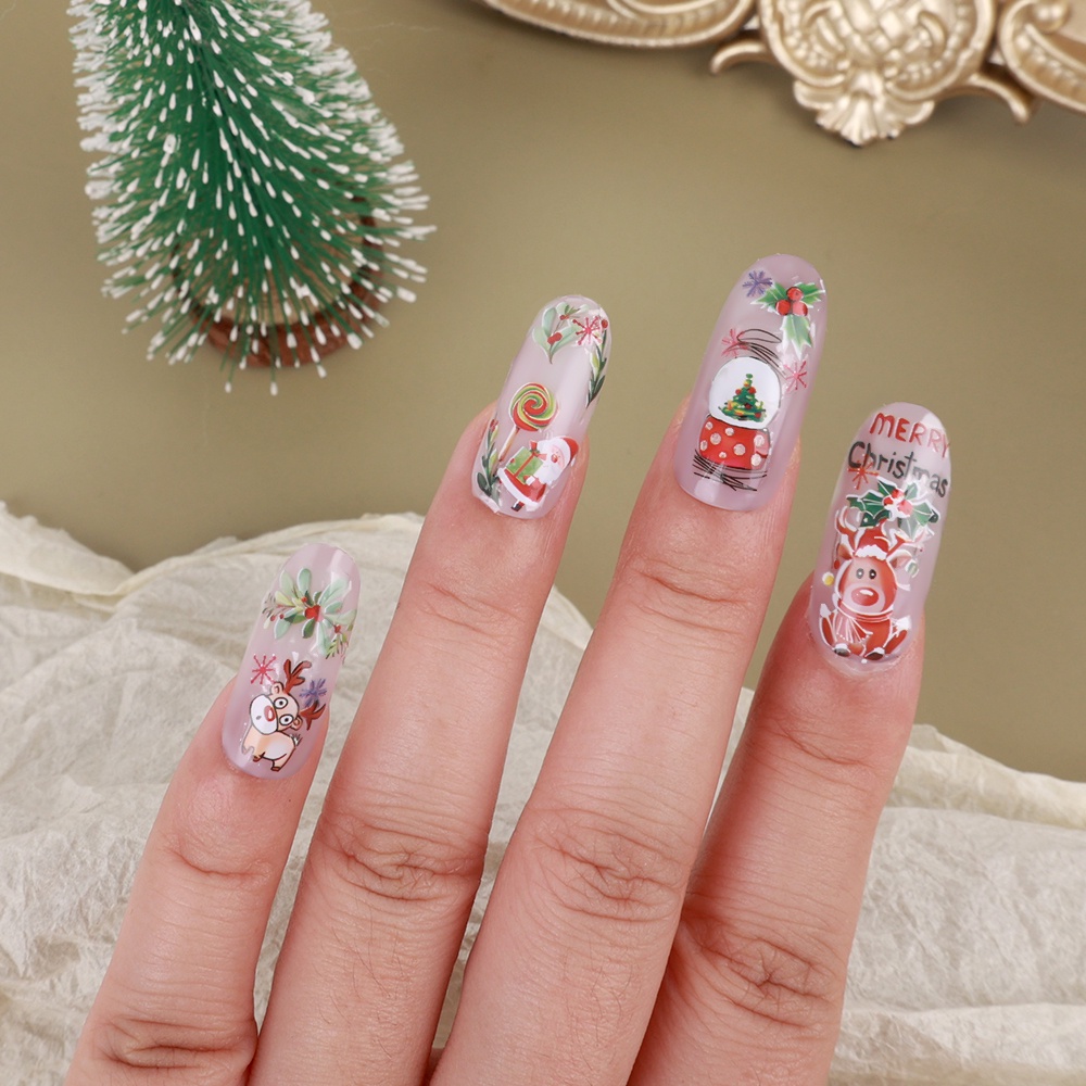 1 Lembar Stiker Kuku 3D Desain Kartun Snowflake Santa Claus Penguin Rusa Natal Untuk Dekorasi Nail Art