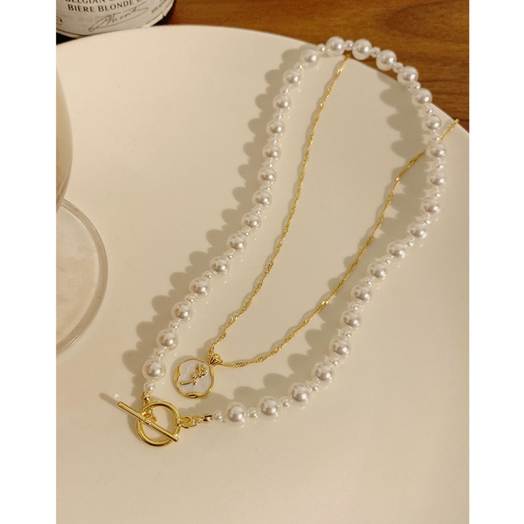 AY(CN) Kalung Choker Rantai Ganda Hias Liontin Mutiara Warna Rose Gold Untuk Wanita