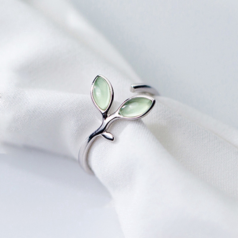 Cincin Kasual Rings Green Crystal Silver Color Leaves Finger Ring Women Jewelry