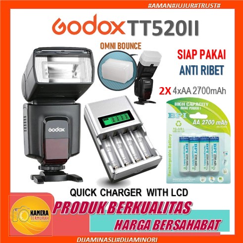 PAKET Lampu Flash Eksternal Godox TT520 II TT 520II Universal Kamera Canon Fujifilm Olympus Pentax N