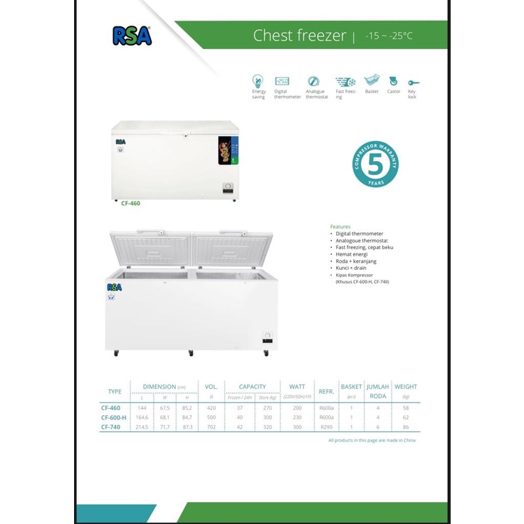 RSA Chest Freezer CF 600 H | Freezer Box CF-600H | Box Pembeku (Luar Kota) Via KARGO