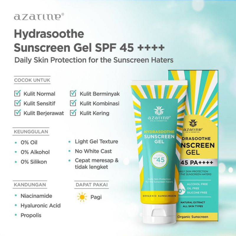 AZARINE Hydrasoothe Sunscreen Gel SPF 45 PA++++ 50ML Edisi Kemasan Terbaru Baru| RINGAN TANPA WHITE CAST &amp; AMAN UNTUK KULIT BERJERAWAT