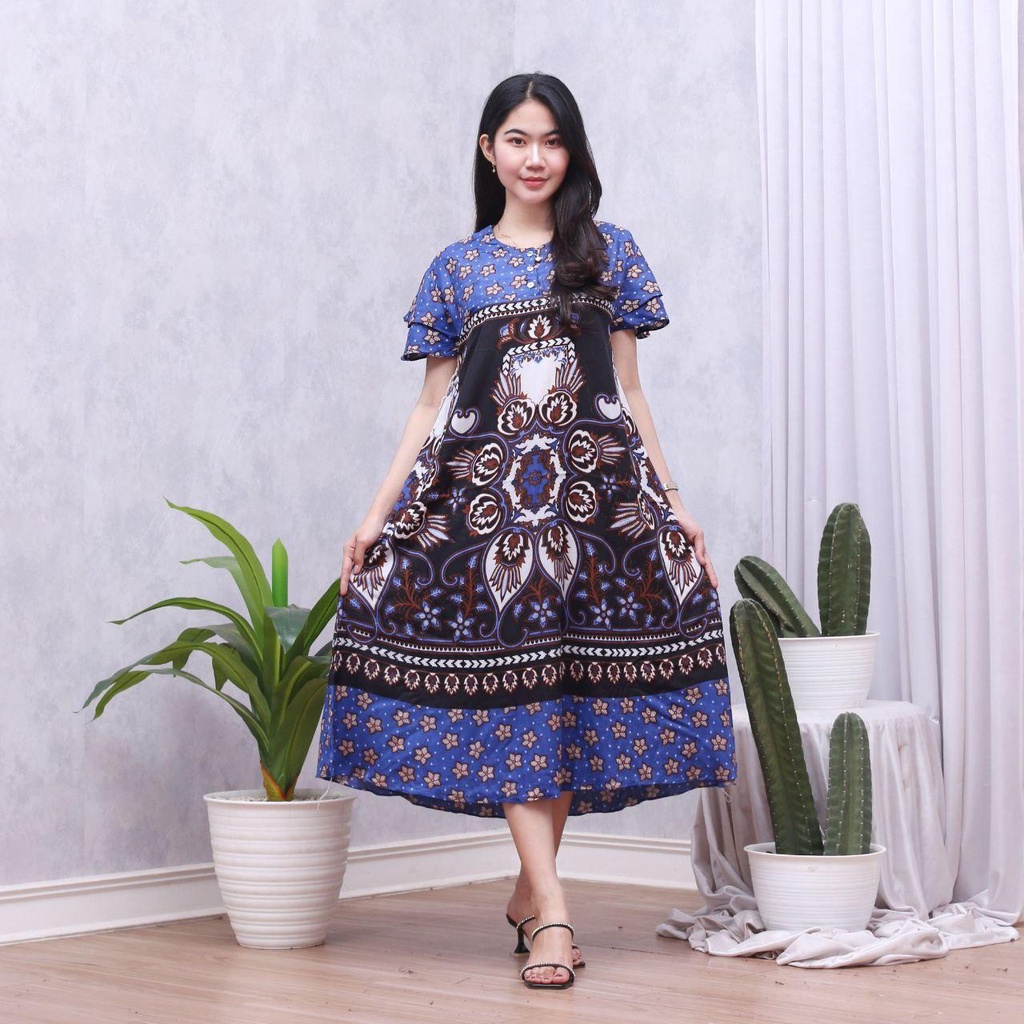 Daster Batik Lengan Pendek - Motif Daun - Leher Kancing (DPT001-133) Batik Prass-MAX BIRU