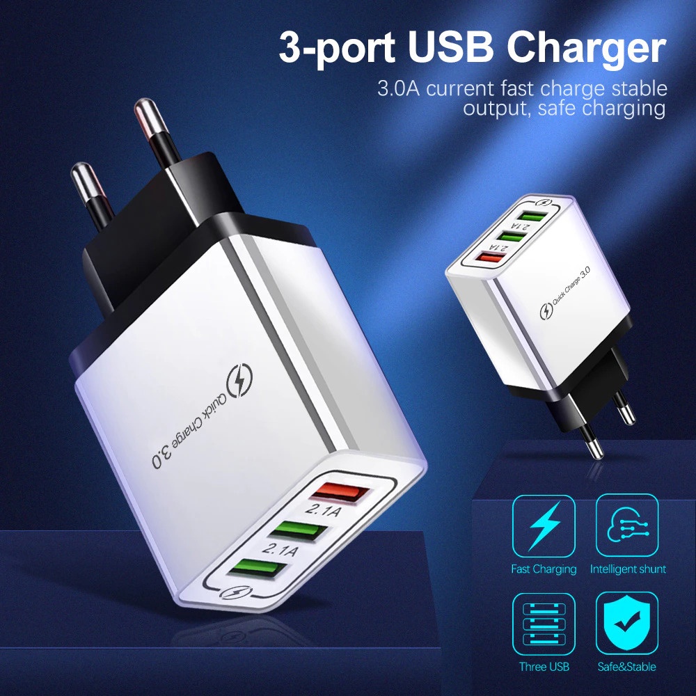 Kepala Charger 3 Port USB Fast Quick Charge 2.4A 18W Qualcomm QC 3.0