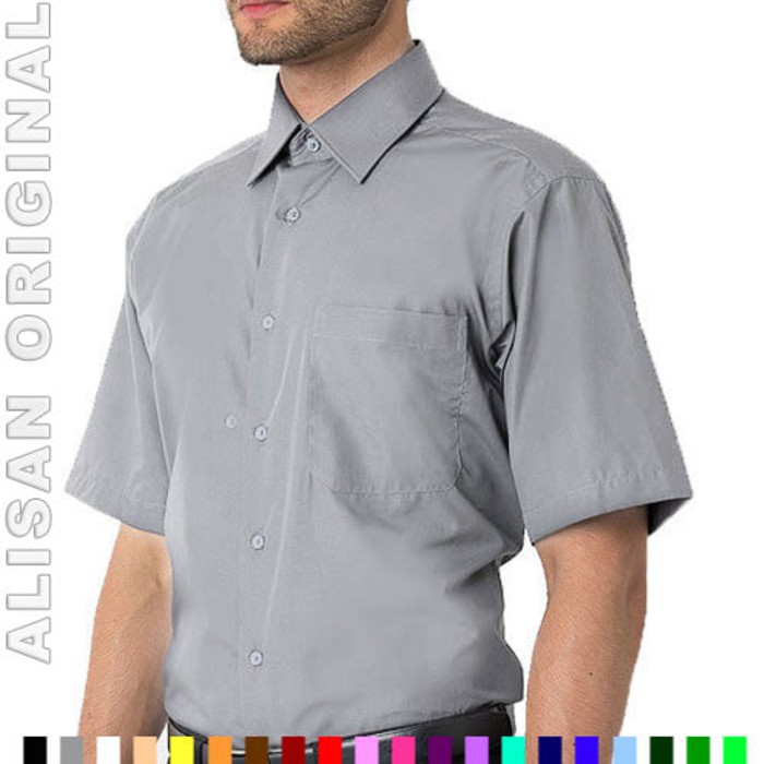 B2 13 Baju Kerja Pria Kemeja ALISAN ORIGINAL Polos Lgn Pendek Abu Muda