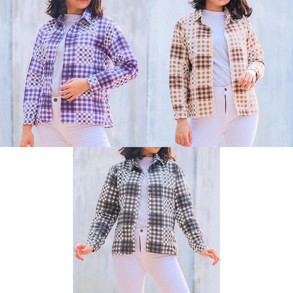 Tq88indonesia Fashion Baju Kemeja  Wanita Lengan Panjang Terbaru / Kem  Berlin / Hem Kotak Katun Cewek / Ootd