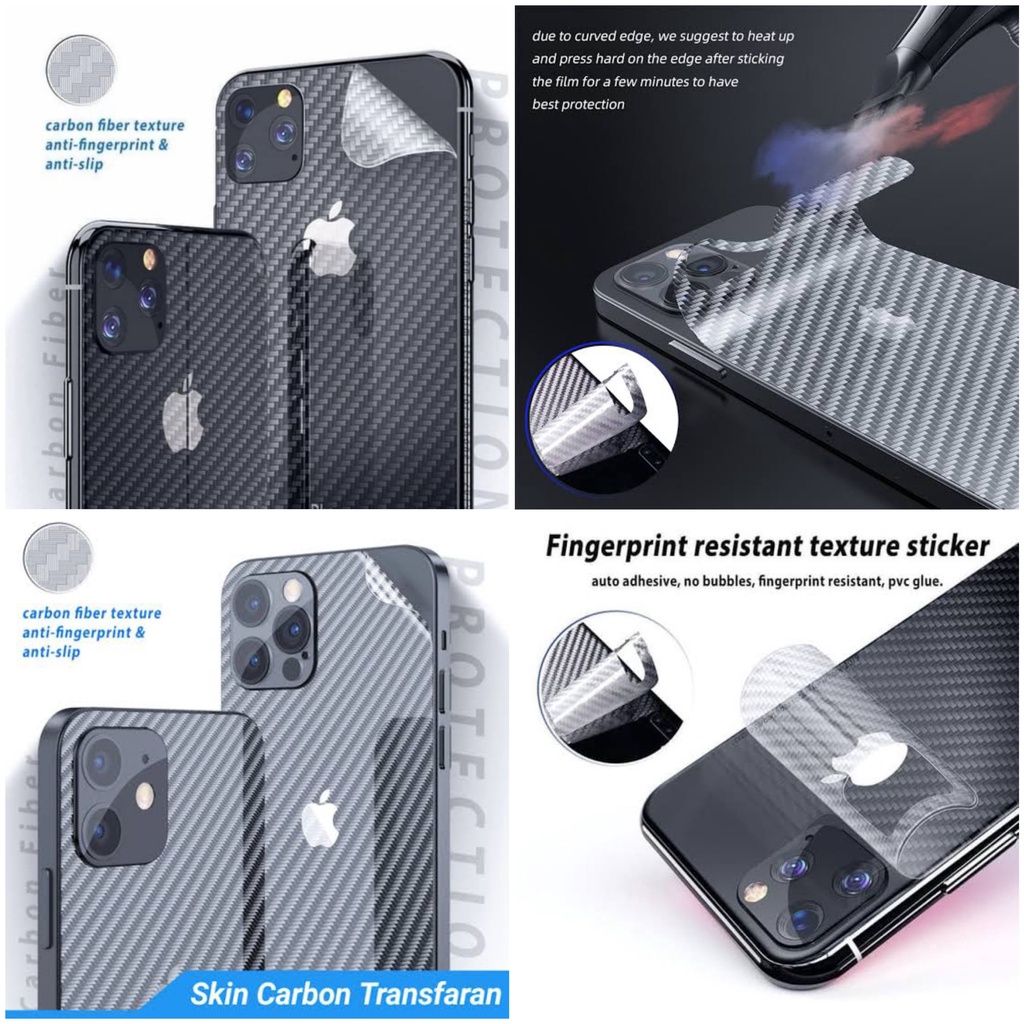 Skin Carbon iPhone 14 13 13PRO 13PROMAX 13Mini 12 12PRO 12PROMAX Mini 11 11PRO 11PROMAX X XS XR XSMAX 7+ 8+ 7G 8G 6+ 6S+ SE3 2022 SE2-2020 SE-2016 6 6G 6S 6 5 5G 5S Garskin Karbon Fiber Belakang Anti Jamur Gores Antigores Bagian Full PROMAX PRO PluS S MAX