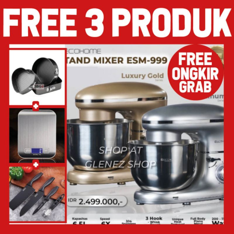 ECOHOME Mixer + XTRA DISC Stand Mixer Roti Kue Mixer Duduk Mixer Berdiri 6.5L Low Watt ESM 999
