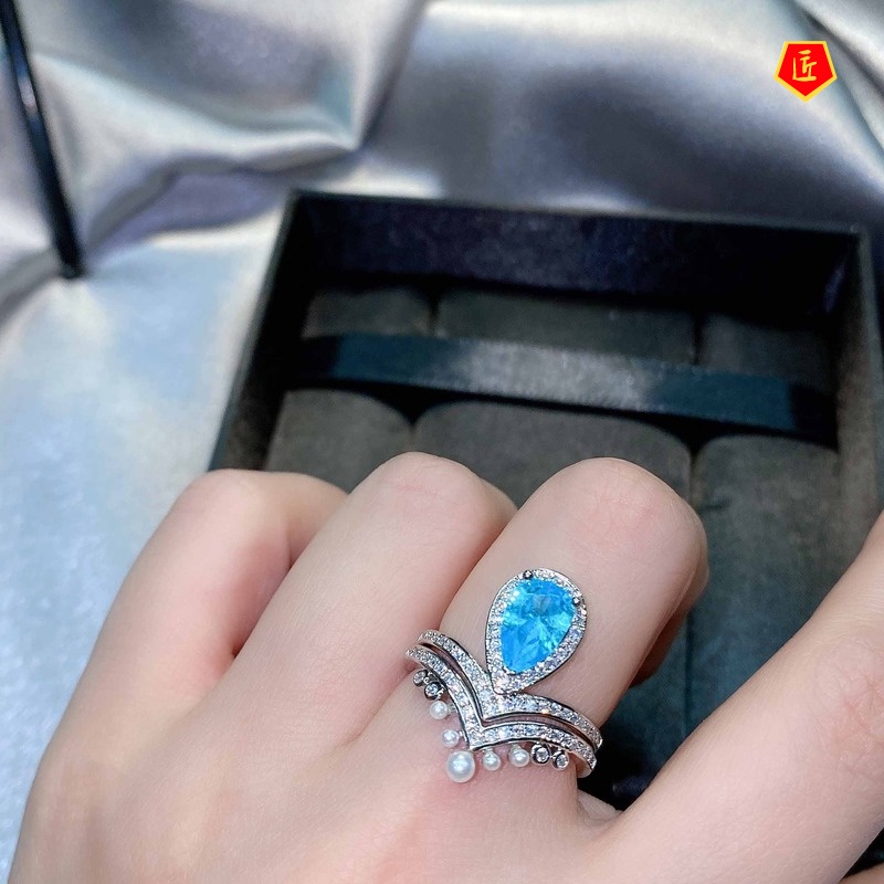 [Ready Stock]Creative Natural Aquamarine Crown Pearl Ring for Women